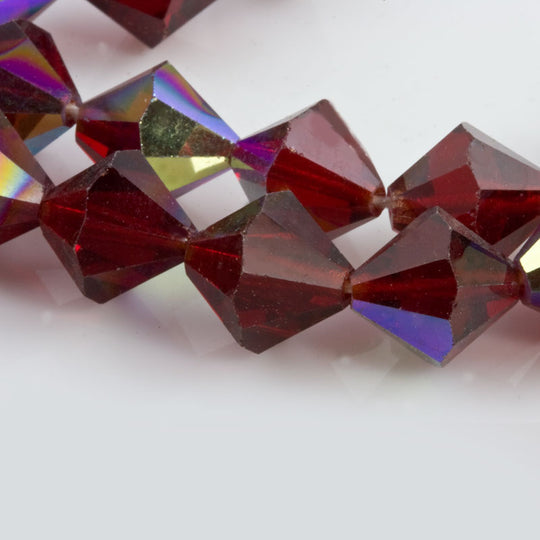 Vintage tin cut faceted translucent ruby red bicones with partial AB finish, Czechoslovakia 1950-60s 10mm Pkg of 8. b11-rd-0831-2(e)