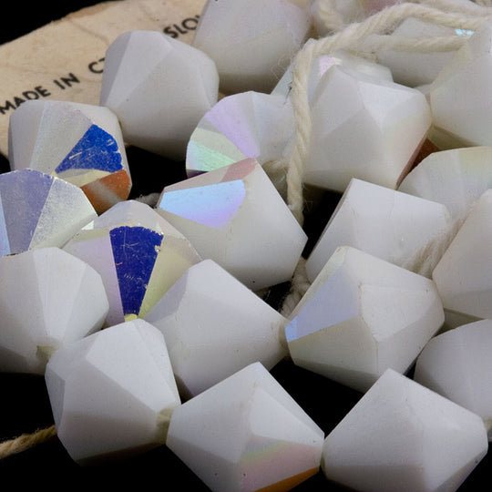 Vintage tin cut faceted chalk white bicones with partial AB finish, Czechoslovakia 1950-60s 12mm Pkg of 6. b11-bw-1093-2(e)