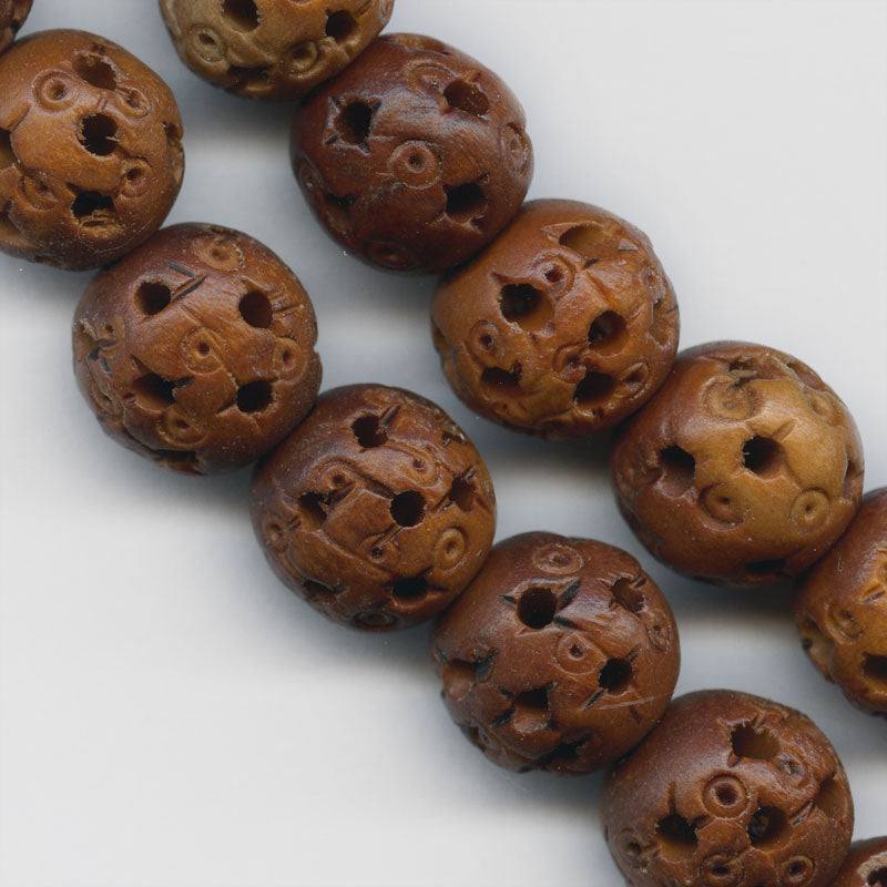 Chinese hollow carved and pierced wood beads, traditional Cantonese design, 10mm Pkg of 6.