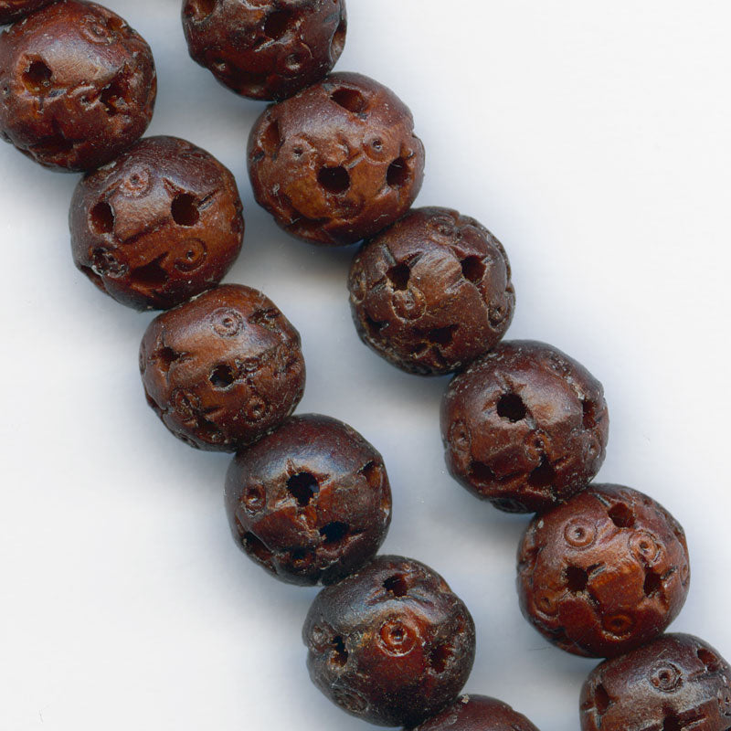 Chinese hollow carved and pierced wood beads, traditional Cantonese design, 10mm. Pkg of 6.