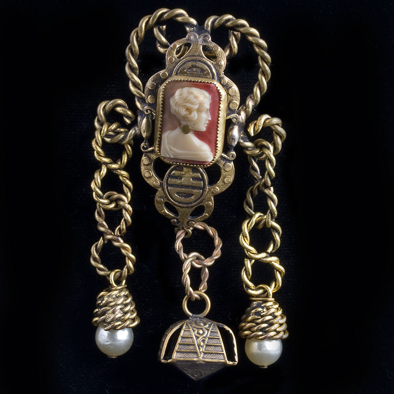 Fab forties Chinese style brass brooch with cameo.