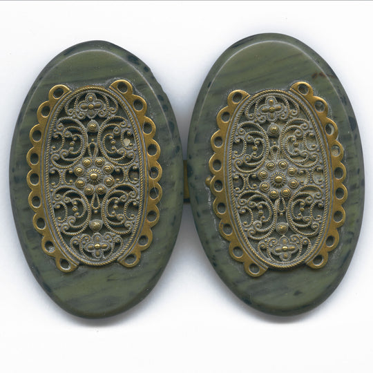 Art Deco belt buckle, marbled plastic, brass filigree overlay, 1930s. j-buad064
