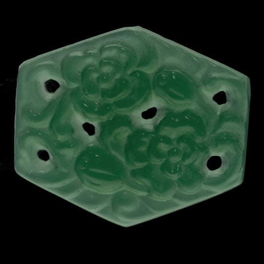 Floral Hexagon Cabochon, jade green glass,molded,pierced. Pkg 1. b5-749