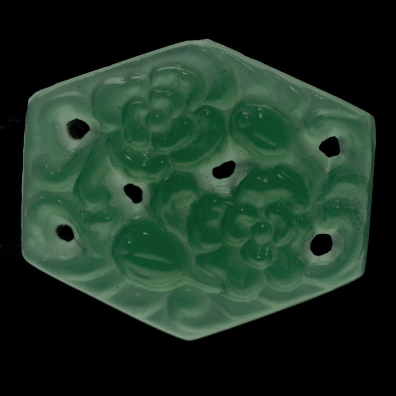 Vintage jade molded and pierced glass floral hexagon flat back stone, Japan,24x20mm 1 pcs.