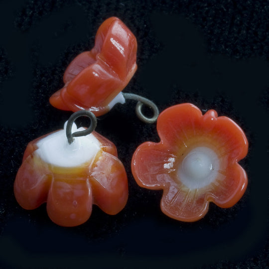 Little Glass Flowers, red and white, on wire. 10x8mm. Japan. Pkg 6. b11-rd-0840