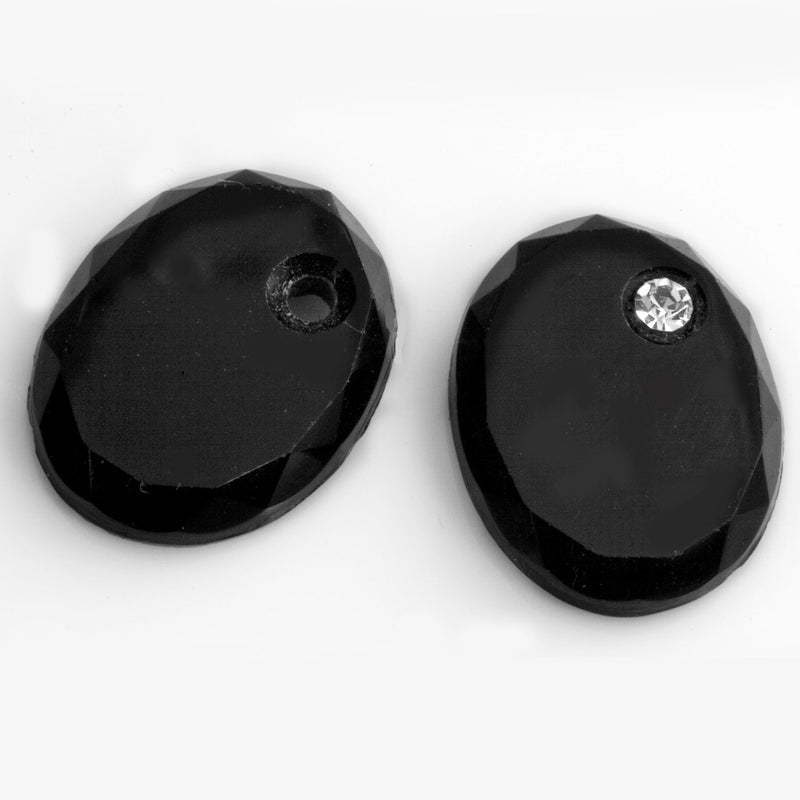 Old Bohemian beveled black glass flat oval cabochon with rhinestone setting 20x15mm 2 pcs.