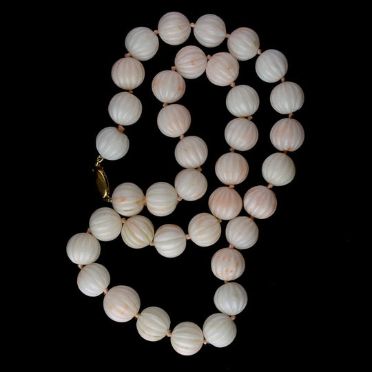 Carved coral melon bead vintage necklace soft blush pink beads, 14K yellow gold clasp. j-nlja853(e)