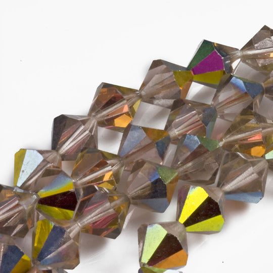 Vintage tin cut faceted translucent peachy amber bicones with partial AB finish, Czechoslovakia 1950-60s 10mm Pkg of 8. b11-yo-0972(e)