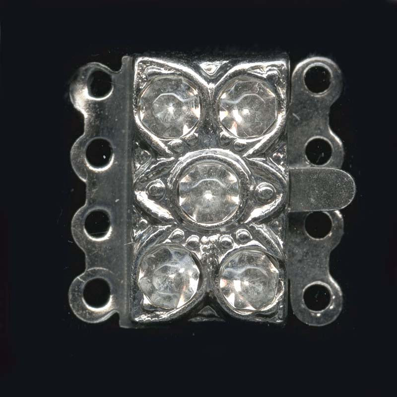 Vintage silver metal and rhinestone 4 strand box clasp. 13x15mm 1 pc.