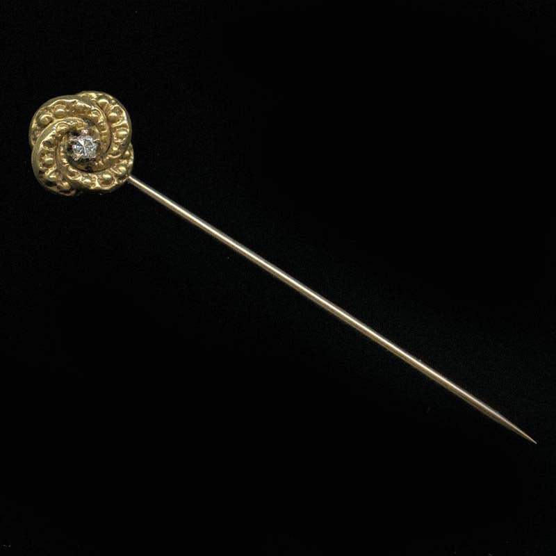 Antique Victorian stick pin 10k yellow gold beaded spiral with center diamond.