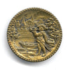 Antique stamped brass large picture button. Village Herald with Trumpet 1.5 inches.