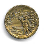 Antique stamped brass large picture button. Village Herald with Trumpet 1.5 inches.