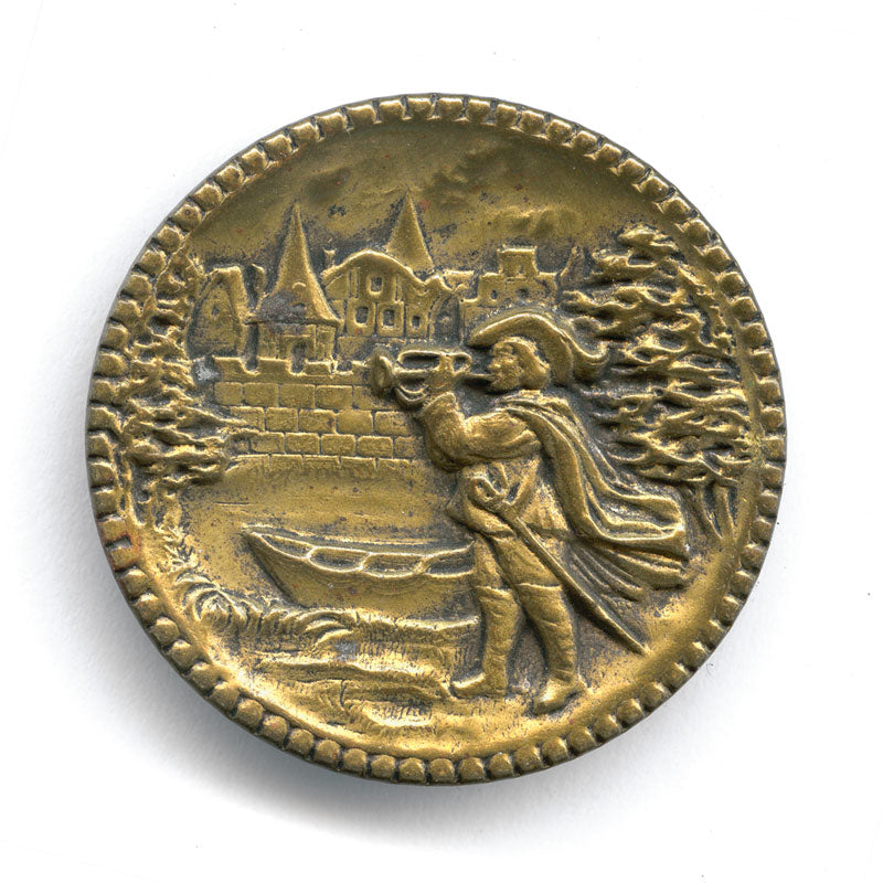 Antique stamped brass large picture button. Village Herald with Trumpet 1.5 inches.
