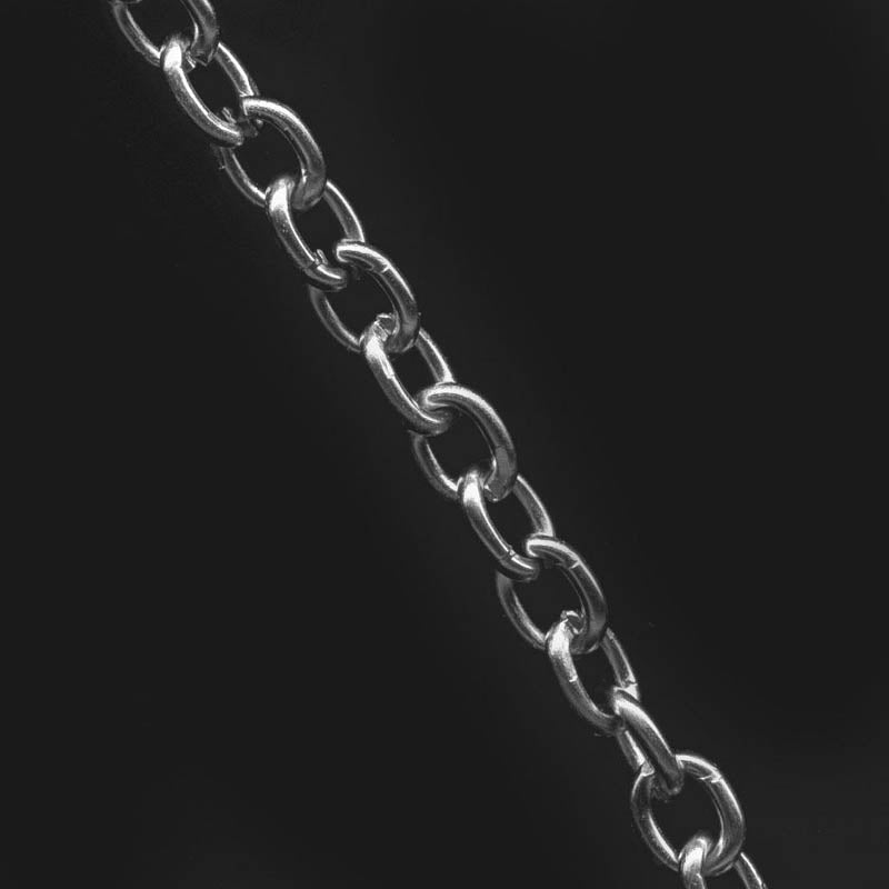 Steel cable chain with matte silver plate. 4x5mm links. Sold in 30 inch lengths.