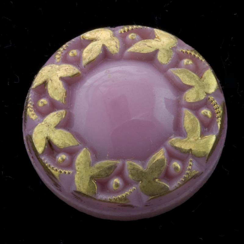 Vintage molded glass flat back cabochon with a ring of gold leaf decor. West Germany 18mm 2 pcs. 