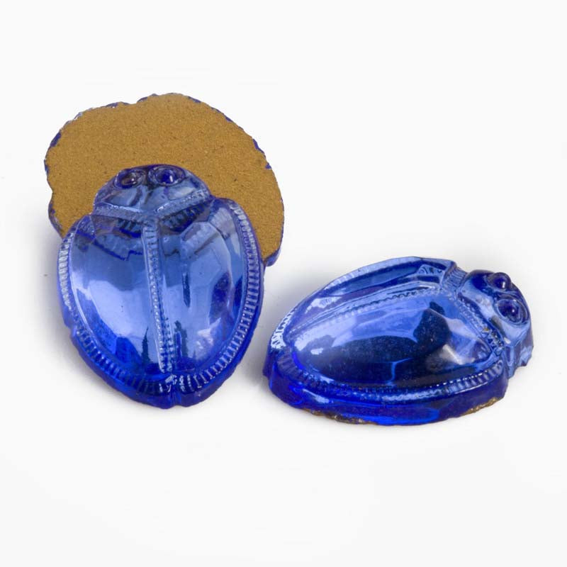 Vintage sapphire blue glass flat back foiled scarab cabochon 15x12mm 4 pcs.