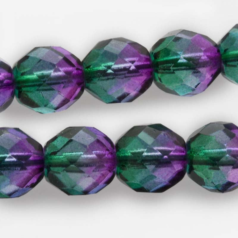 Contemporary Czech firepolished 10mm rounds in emerald and violet. Package of 10.