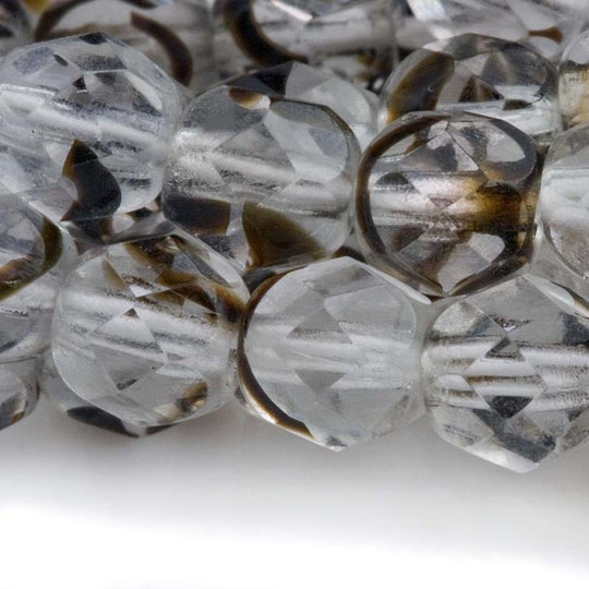 Contemporary Czech firepolished faceted 6mm clear rounds faceted beads with chocolate brown tortoise marking.  25 pcs. b11-cr-0855(e)