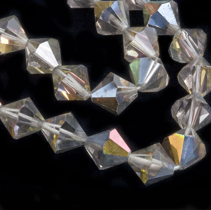 Vintage tin cut clear crystal faceted bicones with partial AB finish, Czechoslovakia, 1950-60s 12mm Pkg of 6. 