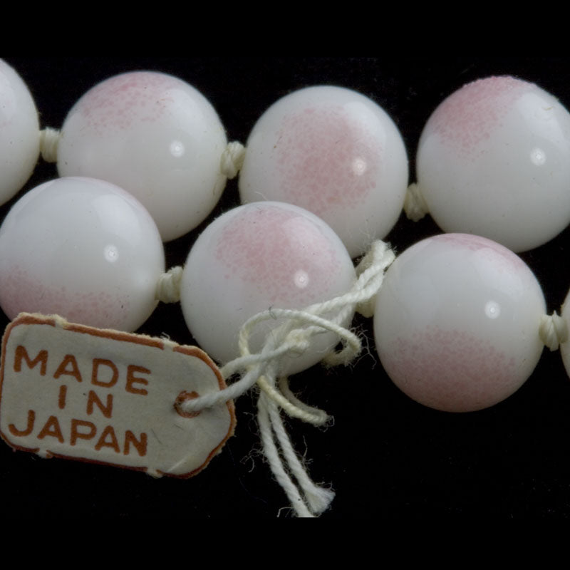Vintage pink blush on glossy white 10mm round glass beads, Japan 1950's pkg of 12. 