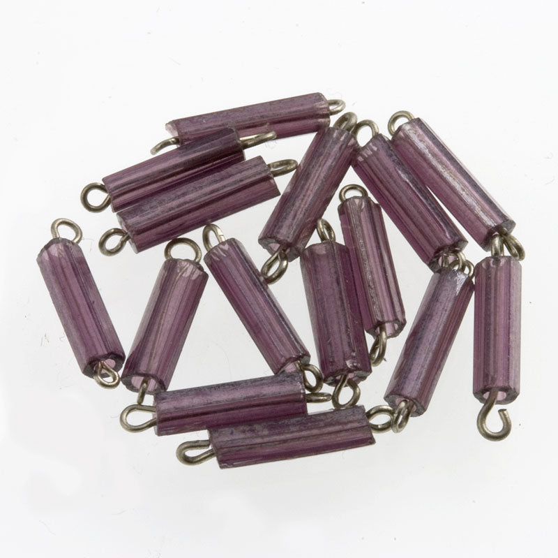 Vintage amethyst colored 5-sided glass bugles on silver plated wire. 13x2mm 25 pcs. 