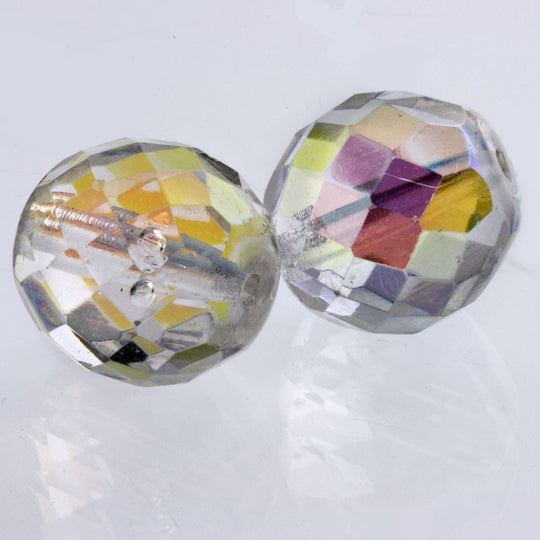 Contemporary Czech fire-polished faceted glass rounds in AB crystal 15mm 4 pcs. b11-cr-0861(e)