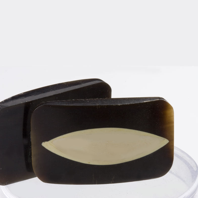 Vintage flat back black horn domed rectangle with bone inlay 34x22mm. 