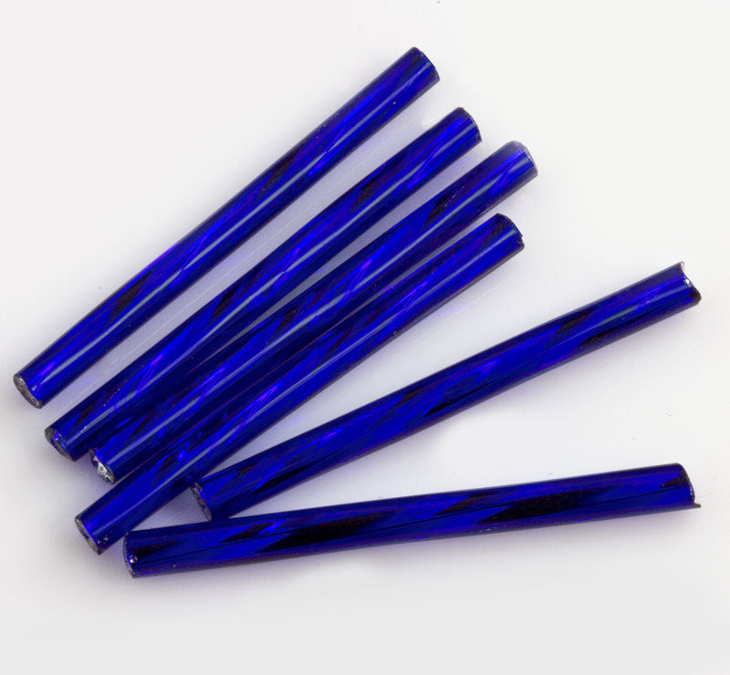 Vintage Czech cobalt blue mirrored twisted bugle beads Czechoslovakia, 31x2mm 15 grams (approx. 48 beads).