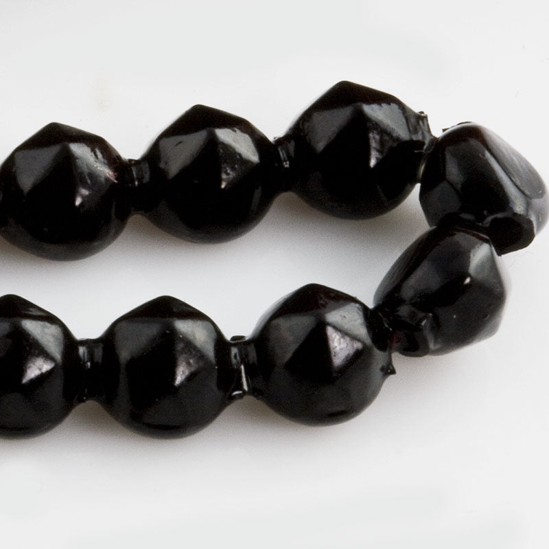 Antique Bohemian nailhead beads, hollow jet glass faceted 7mm strand of 24. 