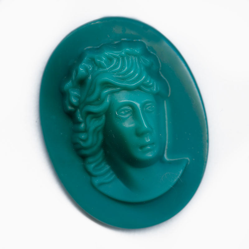 Vintage teal green molded glass flat back cameo, 35x26mm West Germany, 1 pc