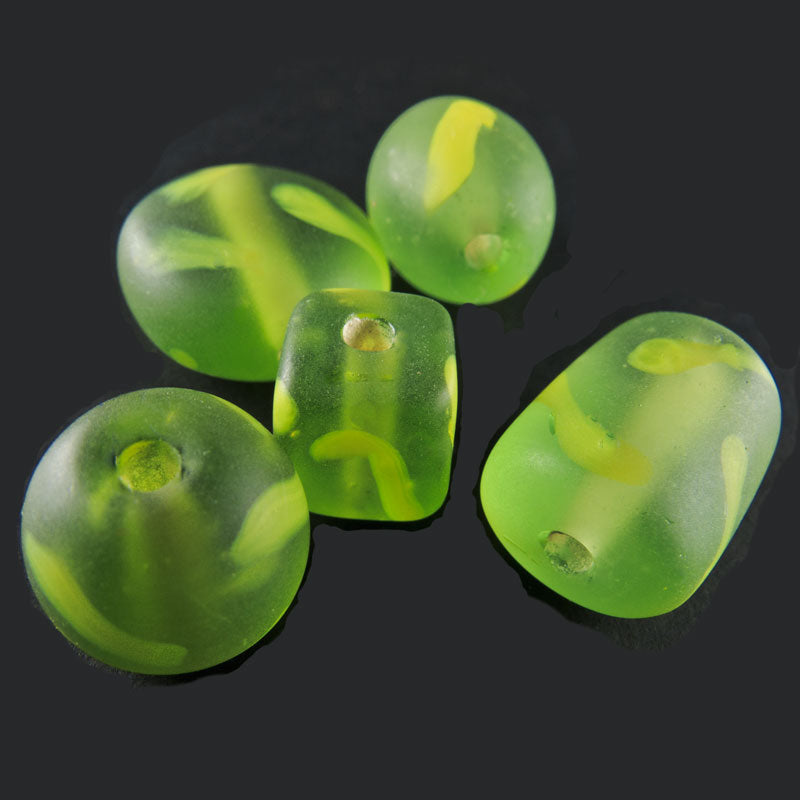 Vintage frosted bottle green assorted shape beads in packages of 25, Japan, 8-14mm.