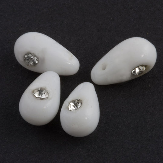 White Glass Teardrop with Rhinestone, pendant. 12x6mm Pkg 6. b11-bw-1071