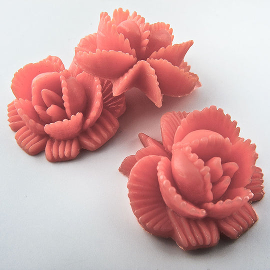 Rippled Rose, coral colored plastic, vintage, 18mm.  Pkg 2. b5-666