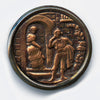 Antique stamped brass large picture button, man speaking to woman in doorway. 1.5 inches.