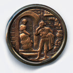 Antique stamped brass large picture button, man speaking to woman in doorway. 1.5 inches.