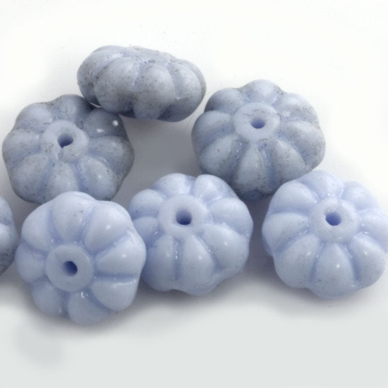 Vintage opaque light blue fluted flower rondelles10x5mm, Japan, Pkg of 12.