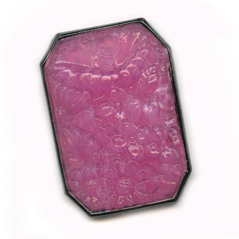 Old Bohemian molded black rimmed rose quartz glass flat-back "carved" floral rectangle. 35x25mm, pkg of 1.