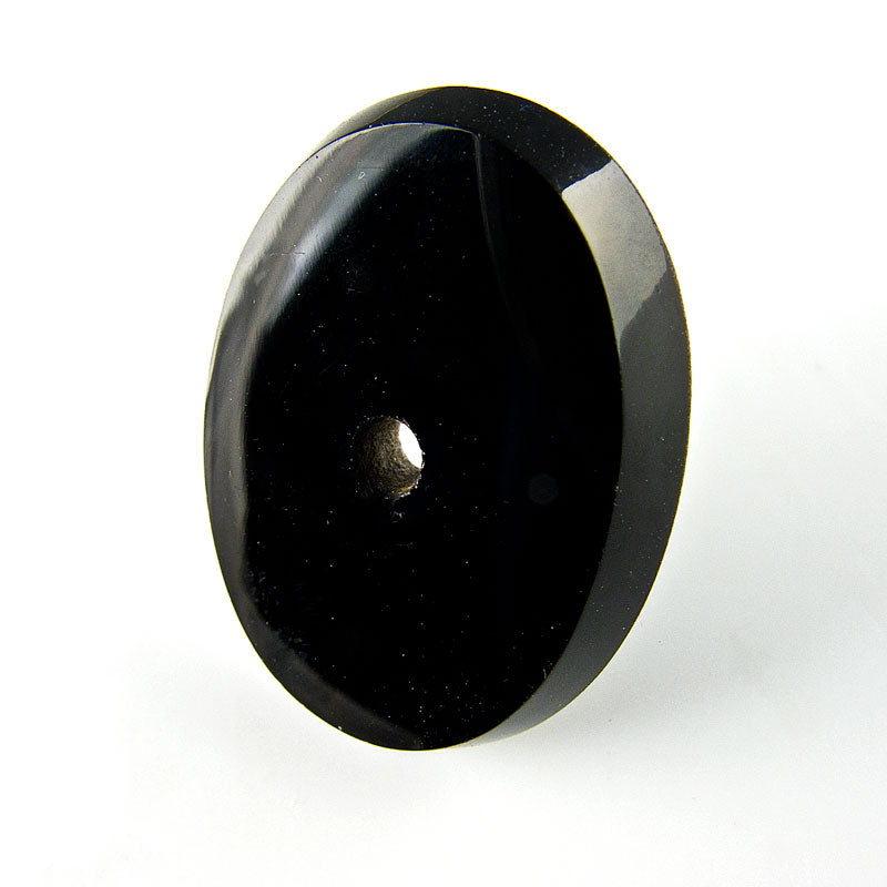 Vintage jet glass flat oval cabochon with beveled edge and center hole, France 1920s, 28x21x5.5mm pkg of 1.