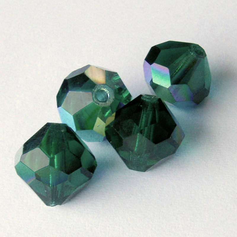 Vintage Czech tin-cut emerald green AB faceted beads, 12x12mm pkg of 2.
