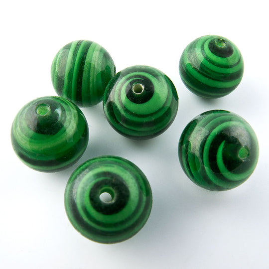 Vintage malachite green swirled glass rounds. Japan 1950s 10mm Pkg of 6. b11-gr-1029(e)