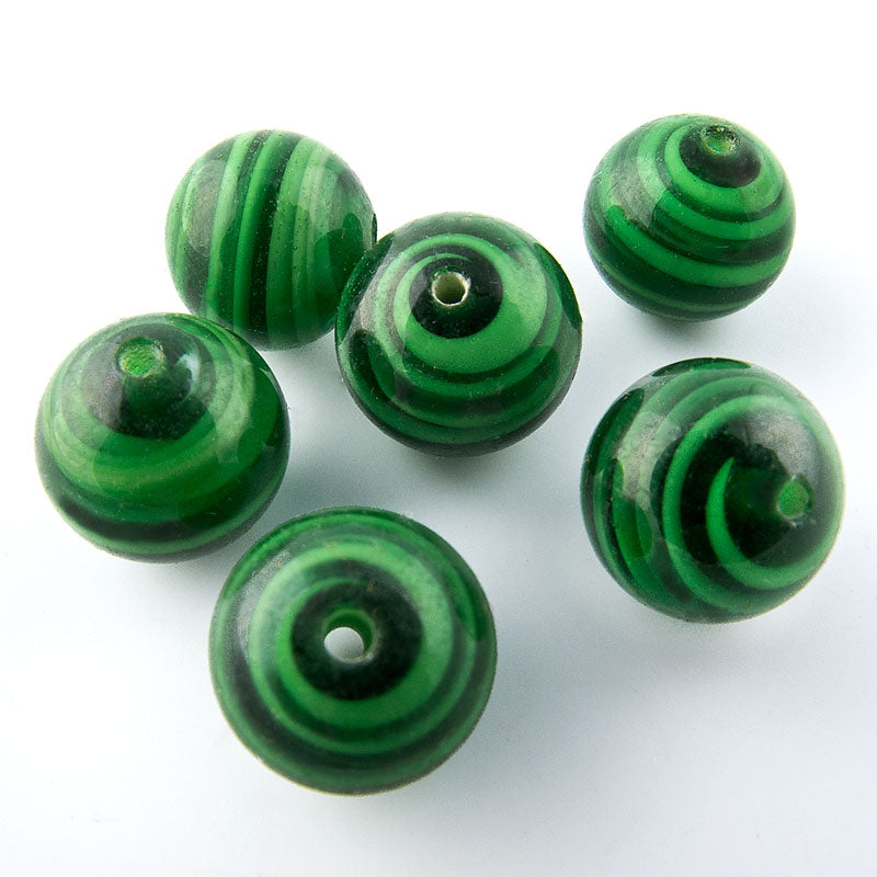 Vintage malachite green swirled glass rounds. Japan 1950s 10mm Pkg of 6.