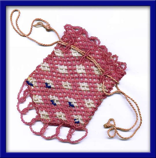 Beaded Drawstring Bag, pink and white check. Pkg 1. hbvn704