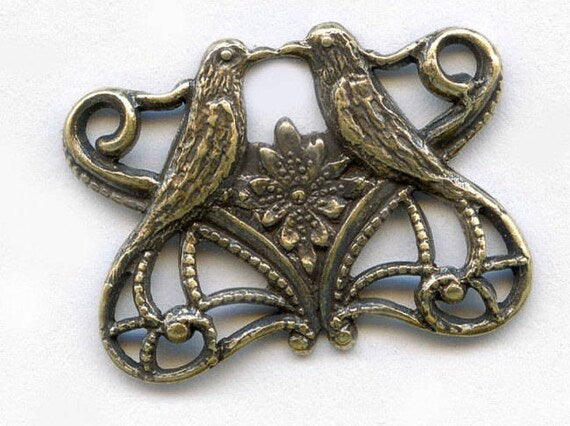 Art Nouveau style oxidized stamped brass Filigree Love Bird Connector. 15x20mm. Pkg 1.