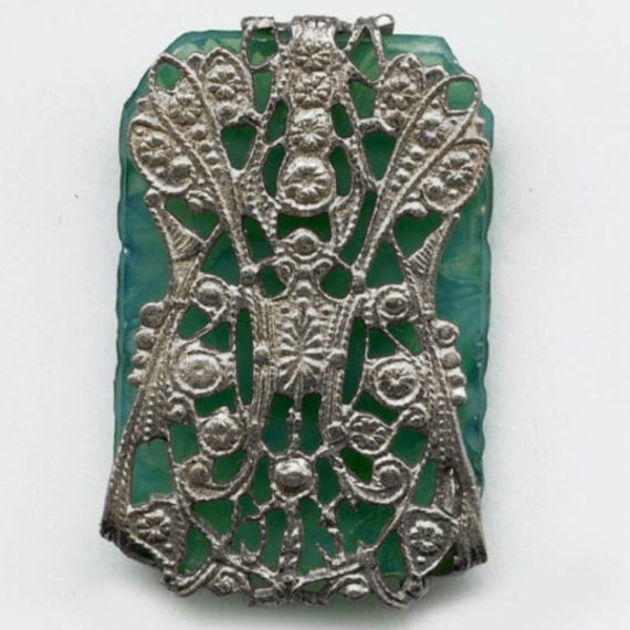 Edwardian style stamped sterling silver plated filigree component. Great for wrapping stones. 50x25mm. Pkg. of 1. 