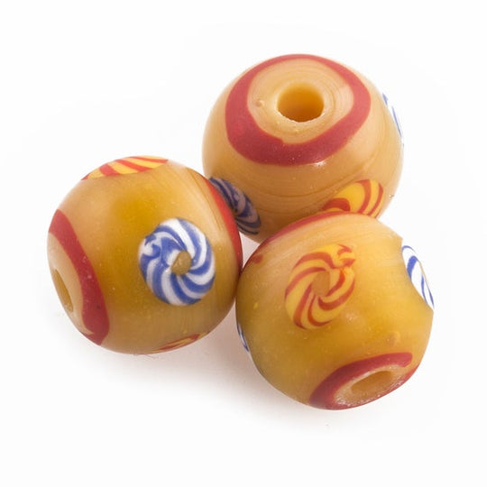 Lampwork glass beads, handmade from Java.  13mm.  Package of 6. b11-yo-1025