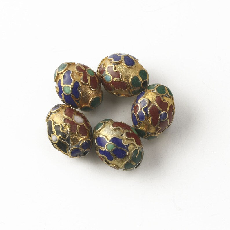 Vintage Chinese  gold Champlevé raised enamel beads. 15x11 ovals. 1960s. Pkg. 1.