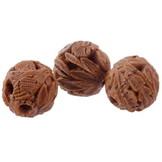 Vintage Chinese carved nut beads. Intricate detail of foliage and hidden creature.  14-15mm. 1 pc. b7-wo348