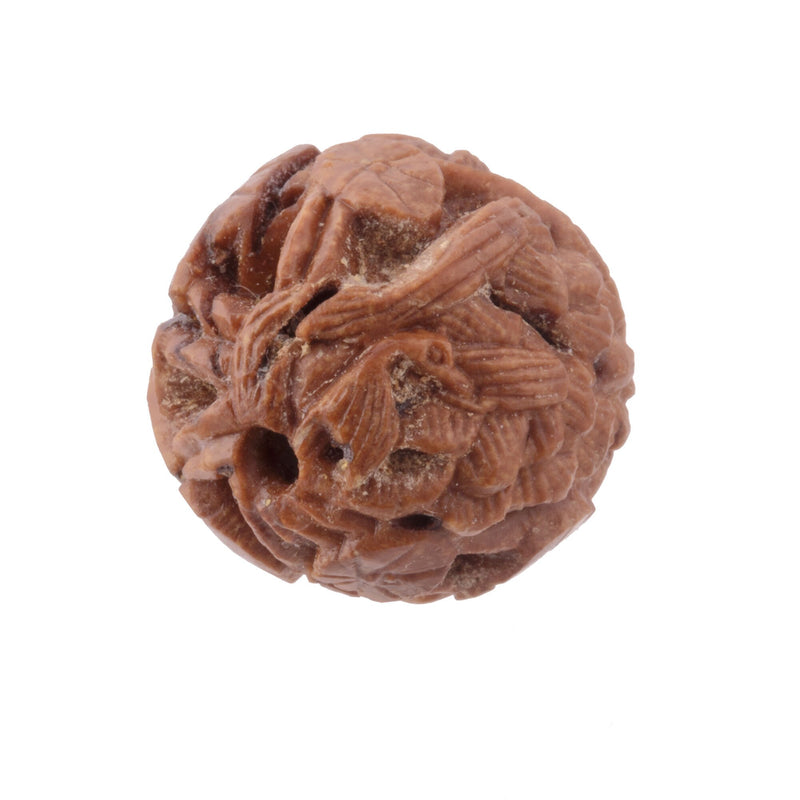Vintage Chinese carved nut beads. Intricate detail of foliage and hidden creature.  14-15mm. 1 pc. 