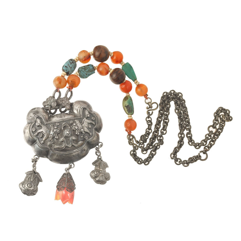 Chinese antique necklace with repousse silver symbolic lock amulet , carnelian and turquoise beads and silver chain nlor844