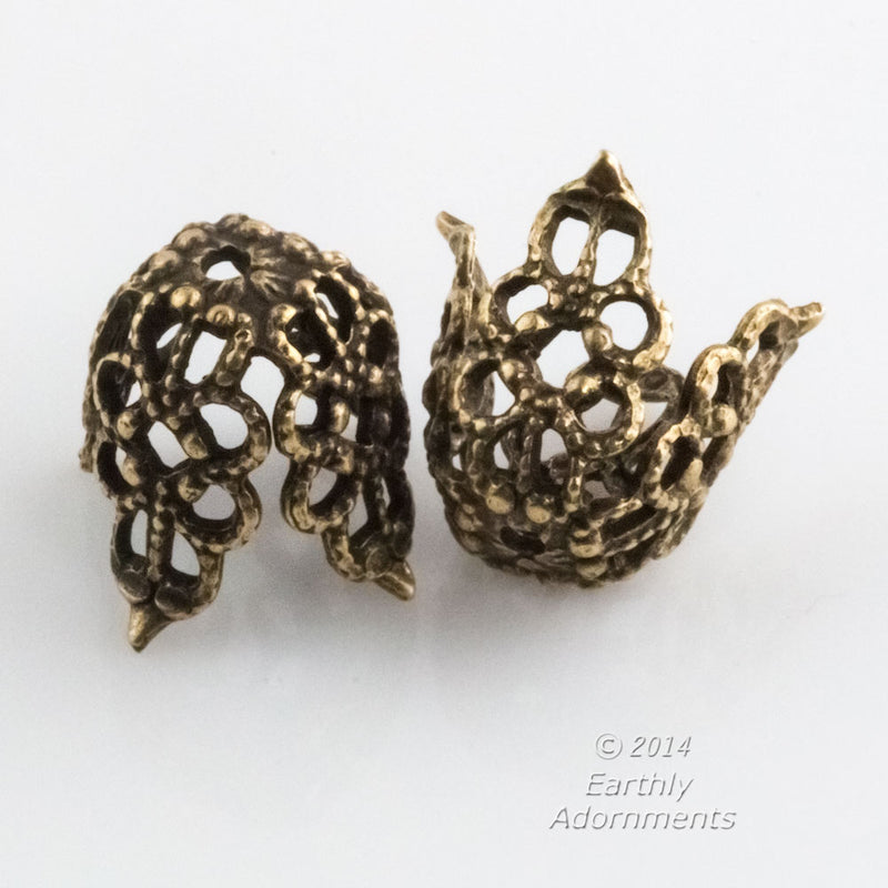 Oxidized brass filigree four petal bead cap. 12x11mm. Pkg. of 4.